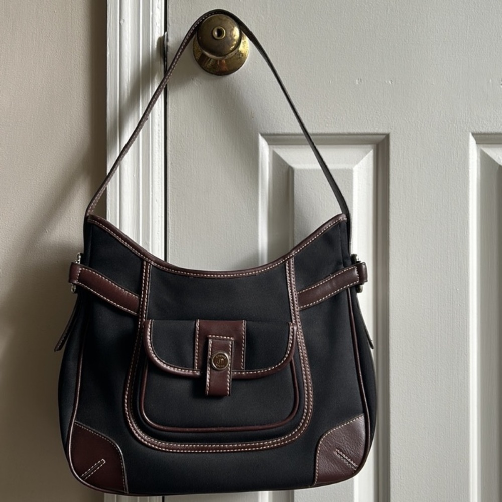 Vtg Etienne Aigner Black Canvas with Dark Brown Trim Shoulder Bag - Picture 12 of 12